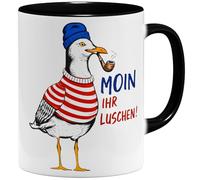 OM3® Moin ihr Luschen Tasse à café avec inscription en allemand « Seemann Möwe mit Pfeife Ostfriesland Maritim Küstenliebe Norddeutsch Küste » - Tasse en céramique - 325 ml - Imprimé des deux côtés