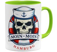 OM3® Moin Moin Hambourg Tasse à café avec inscription en allemand - Tête de mort - Cadeau maritime du nord de l'Allemagne St Pauli Côte marin - Tasse en céramique - 325 ml - Imprimé des deux côtés