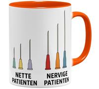 OM3 Nette Patients - Tasse à café avec inscription en allemand - Tasse de cabinet amusante pour médecin, médecin, infirmière - Tasse en céramique - 325 ml - Imprimé des deux côtés - Orange