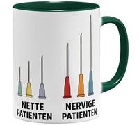OM3 Nette Patients - Tasse à café avec inscription en allemand - Tasse de cabinet amusante pour médecin, médecin, infirmière - Tasse en céramique - 325 ml - Imprimé des deux côtés - Vert