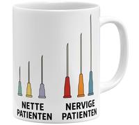 OM3 Nette Patients - Tasse à café avec inscription en allemand - Tasse de cabinet amusante pour médecin, médecin, infirmière - Tasse en céramique - 325 ml - Imprimé des deux côtés - Blanc