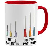 OM3 Nette Patients - Tasse à café avec inscription en allemand - Tasse de cabinet amusante pour médecin, médecin, infirmière - Tasse en céramique - 325 ml - Imprimé des deux côtés - Rouge