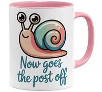 OM3 Now goes the post off Tasse à café avec inscription « Nun geht die Post ab Escargot » - Expression allemande mauvais anglais - Tasse en céramique - 325 ml - Imprimé des deux côtés - Rose