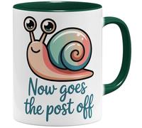 OM3 Now goes the post off Tasse à café avec inscription « Nun geht die Post ab Escargot » - Expression allemande mauvais anglais - Tasse en céramique - 325 ml - Imprimé des deux côtés - Vert