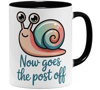 OM3 Now goes the post off Tasse à café avec inscription « Nun geht die Post ab Escargot » - Expression allemande mauvais anglais - Tasse en céramique - 325 ml - Imprimé des deux côtés - Noir