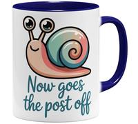 OM3 Now goes the post off Tasse à café avec inscription « Nun geht die Post ab Escargot » - Expression allemande mauvais anglais - Tasse en céramique - 325 ml - Imprimé des deux côtés - Bleu foncé