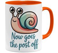 OM3 Now goes the post off Tasse à café avec inscription « Nun geht die Post ab Escargot » - Expression allemande mauvais anglais - Tasse en céramique - 325 ml - Imprimé des deux côtés - Orange