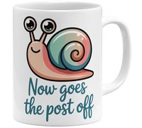 OM3 Now goes the post off Tasse à café avec inscription « Nun geht die Post ab Schnecke » - Expression allemande mauvais anglais - Tasse en céramique - 325 ml - Imprimé des deux côtés - Blanc