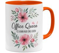 OM3 Office Queen Tasse à café avec inscription en allemand - Tasse de bureau amusante Il ne peut y en avoir qu'une - Motif floral - Tasse en céramique - 325 ml - Imprimé des deux côtés - Orange
