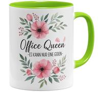 OM3 Office Queen Tasse à café avec inscription en allemand - Tasse de bureau amusante Il ne peut y en avoir qu'une - Motif floral - Tasse en céramique - 325 ml - Imprimé des deux côtés - Vert clair