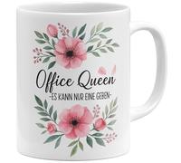 OM3 Office Queen Tasse à café avec inscription en allemand - Tasse de bureau amusante Il ne peut y en avoir qu'une - Motif floral - Tasse en céramique - 325 ml - Imprimé des deux côtés - Blanc