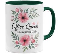 OM3 Office Queen Tasse à café avec inscription en allemand - Tasse de bureau amusante Il ne peut y en avoir qu'une - Motif floral - Tasse en céramique - 325 ml - Imprimé des deux côtés - Vert