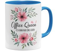 OM3 Office Queen Tasse à café avec inscription en allemand - Tasse de bureau amusante Il ne peut y en avoir qu'une - Motif floral - Tasse en céramique - 325 ml - Imprimé des deux côtés - Bleu clair