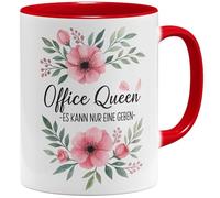 OM3 Office Queen Tasse à café avec inscription en allemand - Tasse de bureau amusante Il ne peut y en avoir qu'une - Motif floral - Tasse en céramique - 325 ml - Imprimé des deux côtés - Rouge