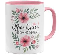 OM3 Office Queen Tasse à café avec inscription en allemand - Tasse de bureau amusante Il ne peut y en avoir qu'une - Motif floral - Tasse en céramique - 325 ml - Imprimé des deux côtés - Rose