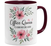 OM3 Office Queen Tasse à café avec inscription en allemand - Tasse de bureau amusante Il ne peut y en avoir qu'une - Motif floral - Tasse en céramique - 325 ml - Imprimé des deux côtés - Bordeaux