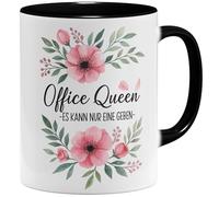OM3 Office Queen Tasse à café avec inscription en allemand - Tasse de bureau amusante Il ne peut y en avoir qu'une - Motif floral - Tasse en céramique - 325 ml - Imprimé des deux côtés - Noir