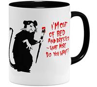 OM3 Out of Bed Rat Banksy - Tasse en céramique - 325 ml - Imprimé des deux côtés - Noir