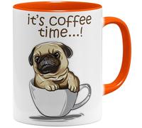 OM3® Pug It's Coffee Time Mops Tasse avec motif chien | Tasse en céramique | 325 ml | Imprimé des deux côtés | Orange