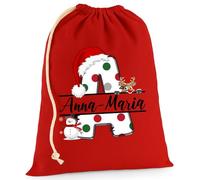 OM3 Sac de Noël personnalisé en coton - Sac cadeau avec initiale et nom au choix - Sac en tissu durable avec cordon de serrage - Pour Noël - Rouge - S (25 × 30 cm)