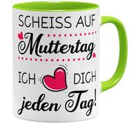 OM3® Scheiss auf Muttertag Tasse à café avec inscription en allemand « Geschenk Mama lustig » - Cadeau de fête des mères pour maman - Tasse en céramique - 325 ml - Imprimé des deux côtés - Vert clair