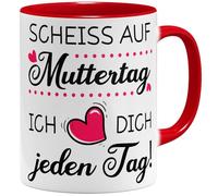 OM3® Scheiss auf Muttertag Tasse à café avec inscription en allemand « Geschenk Mama lustig » - Cadeau de fête des mères pour maman - Tasse en céramique - 325 ml - Imprimé des deux côtés - Rouge