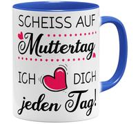 OM3® Scheiss auf Muttertag Tasse à café avec inscription en allemand « Geschenk Mama lustig » - Cadeau de fête des mères pour maman - Tasse en céramique - 325 ml - Imprimé des deux côtés - Bleu