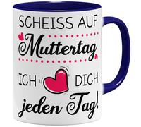 OM3® Scheiss auf Muttertag Tasse à café avec inscription en allemand « Geschenk Mama lustig » - Cadeau de fête des mères pour maman - Tasse en céramique - 325 ml - Imprimé des deux côtés - Bleu foncé