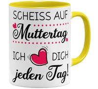 OM3® Scheiss auf Muttertag Tasse à café avec inscription en allemand « Geschenk Mama lustig » - Cadeau de fête des mères pour maman - Tasse en céramique - 325 ml - Imprimé des deux côtés - Jaune