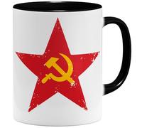 OM3® Soviet-Star Tasse à café avec symbole marteau et faucille - Étoile rouge - Design rétro - Tasse en céramique - 325 ml - Imprimé des deux côtés - Noir
