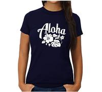 OM3® T-shirt Hawaii Aloha | Femme | Hawaï Surfing Waikiki Paradise Hibiscus | S à XXL, bleu marine, S