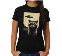 OM3® T-shirt raton laveur UFO avec inscription - Femme - Rétro Sci-Fi Alien Invasion - S - XXL, Noir , M