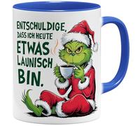 OM3 Tasse à café amusante anti-Noël avec inscription en allemand « Entüdigung, dass ich so launisch bin » - 325 ml - Imprimé des deux côtés - Bleu