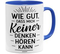OM3 Tasse à café amusante avec inscription en allemand « Wie gut dass mich keiner denken hören kann » - Tasse en céramique - 325 ml - Imprimé des deux côtés - Bleu