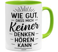 OM3 Tasse à café amusante avec inscription en allemand « Wie gut dass mich keiner denken hören kann » - Tasse en céramique - 325 ml - Imprimé des deux côtés - Vert clair