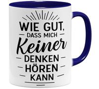 OM3 Tasse à café amusante avec inscription en allemand « Wie gut dass mich keiner denken hören kann » - Tasse en céramique - 325 ml - Imprimé des deux côtés - Bleu foncé