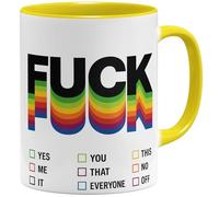 OM3 Tasse à café amusante avec inscription Fuck You - Inscription Rainbow Statement - Tasse en céramique - 325 ml - Imprimé des deux côtés - Jaune