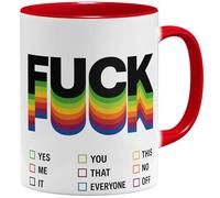 OM3 Tasse à café amusante avec inscription Fuck You - Inscription Rainbow Statement - Tasse en céramique - 325 ml - Imprimé des deux côtés - Rouge
