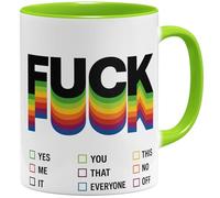 OM3 Tasse à café amusante avec inscription Fuck You - Inscription Rainbow Statement - Tasse en céramique - 325 ml - Imprimé des deux côtés - Vert clair