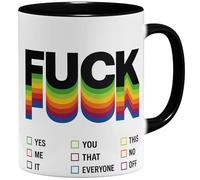 OM3 Tasse à café amusante avec inscription Fuck You - Inscription Rainbow Statement - Tasse en céramique - 325 ml - Imprimé des deux côtés - Noir