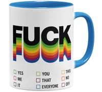 OM3 Tasse à café amusante avec inscription Fuck You - Inscription Rainbow Statement - Tasse en céramique - 325 ml - Imprimé des deux côtés - Bleu clair