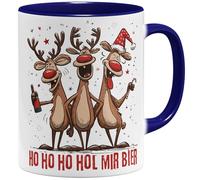OM3 Tasse à café amusante de Noël avec inscription en allemand « Hol mir Bier » - Rennes ivres de Noël - Tasse en céramique - 325 ml - Imprimé des deux côtés - Bleu foncé