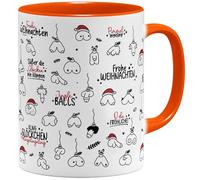 OM3 Tasse à café amusante de Noël Jingle Balls avec pénis - Motif pénis - Doodle - Tasse en céramique - 325 ml - Imprimé des deux côtés - Orange
