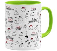 OM3 Tasse à café amusante de Noël Jingle Balls avec pénis - Motif pénis - Doodle - Tasse en céramique - 325 ml - Imprimé des deux côtés - Vert clair