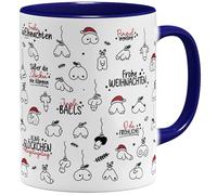 OM3 Tasse à café amusante de Noël Jingle Balls avec pénis - Motif pénis - Doodle - Tasse en céramique - 325 ml - Imprimé des deux côtés - Bleu foncé