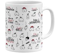 OM3 Tasse à café amusante de Noël Jingle Balls avec pénis - Motif pénis - Gobelet en céramique - 325 ml - Imprimé des deux côtés - Blanc