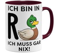 OM3 Tasse à café amusante pour retraité, avec inscription en allemand « ich bin in R+Ente » - Ich muss gar nix - Rente - Tasse en céramique - 325 ml - Imprimé des deux côtés - Bordeaux