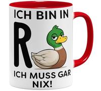 OM3 Tasse à café amusante pour retraité, avec inscription en allemand « ich bin in R+Ente » - Ich muss gar nix - Rente - 325 ml - Imprimé des deux côtés - Rouge