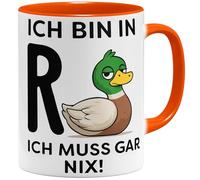 OM3 Tasse à café amusante pour retraité, avec inscription en allemand « ich bin in R+Ente » - Ich muss gar nix - Rente - 325 ml - Imprimé des deux côtés - Orange