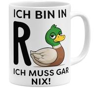 OM3 Tasse à café amusante pour retraité, avec inscription en allemand « ich bin in R+Ente » - Ich muss gar nix - Tasse en céramique - 325 ml - Imprimé des deux côtés - Blanc